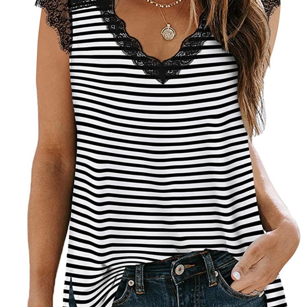 Black and white striped, crochet, lace v-neck tank top